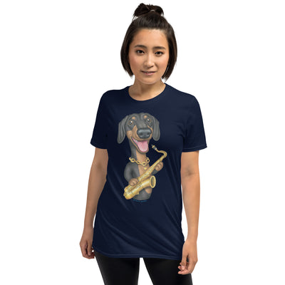 Cute musical Doxie Dog with his sax on a funny Dachshund Sax Player Unisex T-Shirt