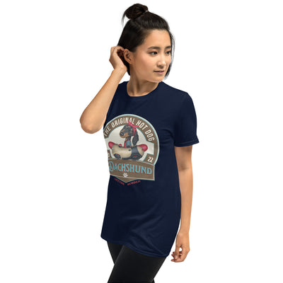 Cute and famous doxie dog driving a retro classic car for shopping on an Original Hot Dog Dachshund Unisex T-Shirt