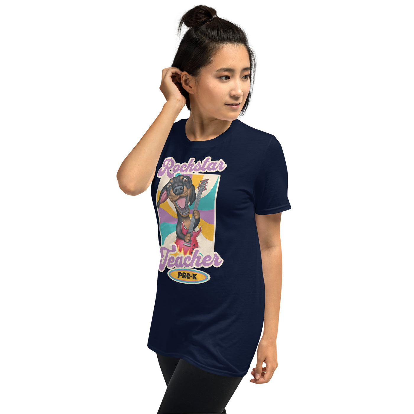 Cute funny classroom teacher tee with doxie dog on a cool Pre-K Rockstar Teacher Unisex T-Shirt