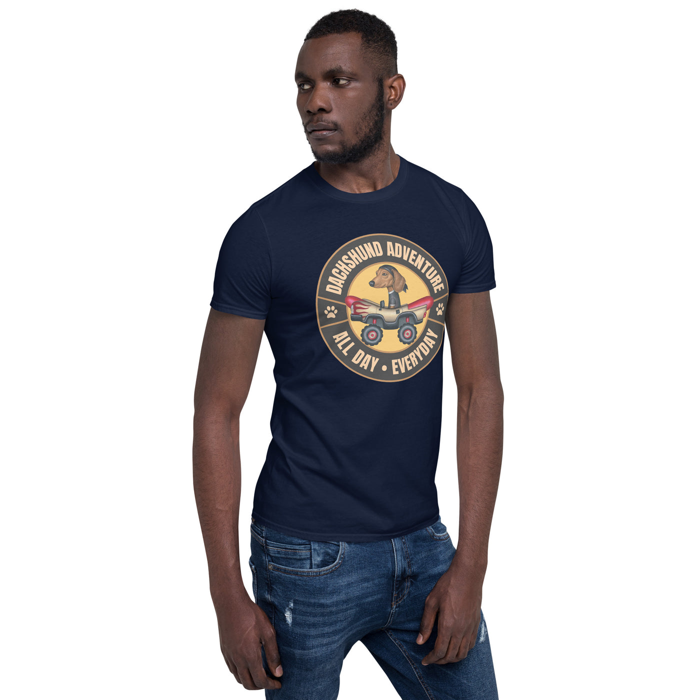 Cute and adorable Doxie Dog hot dogging it on a classic 4 wheeled vehicle on a Dachshund Adventure Unisex T-Shirt