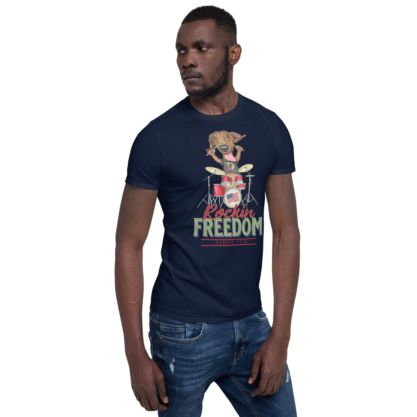 Funny and cute Doxie Dog drumming to the best rock and roll music on a Rockin Freedom Since 1776 Unisex T-Shirt