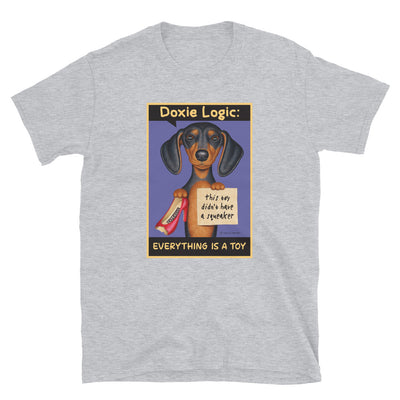 Funny Doxie dog with a new toy without a squeaker on a Dachshund Logic Unisex T-Shirt