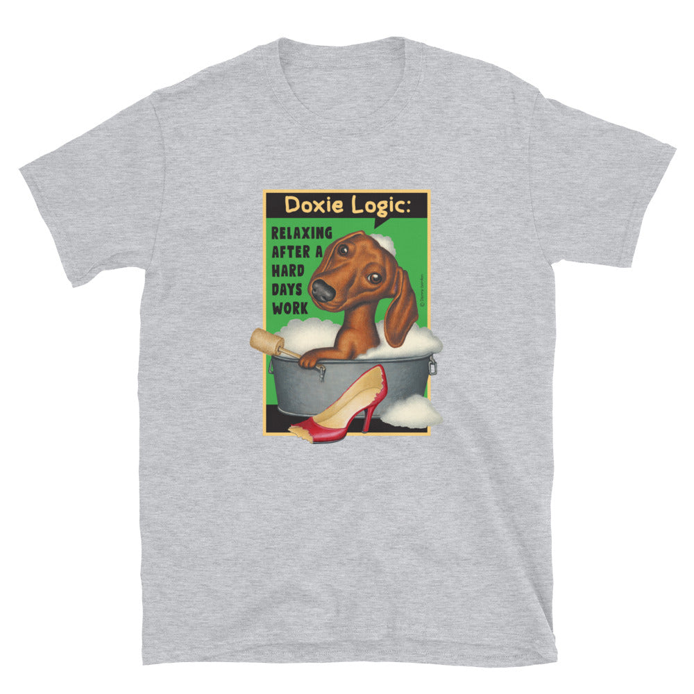 Fun and cute Doxie Dog in a tub with bubbles on an adorable Dachshund Logic Unisex T-Shirt
