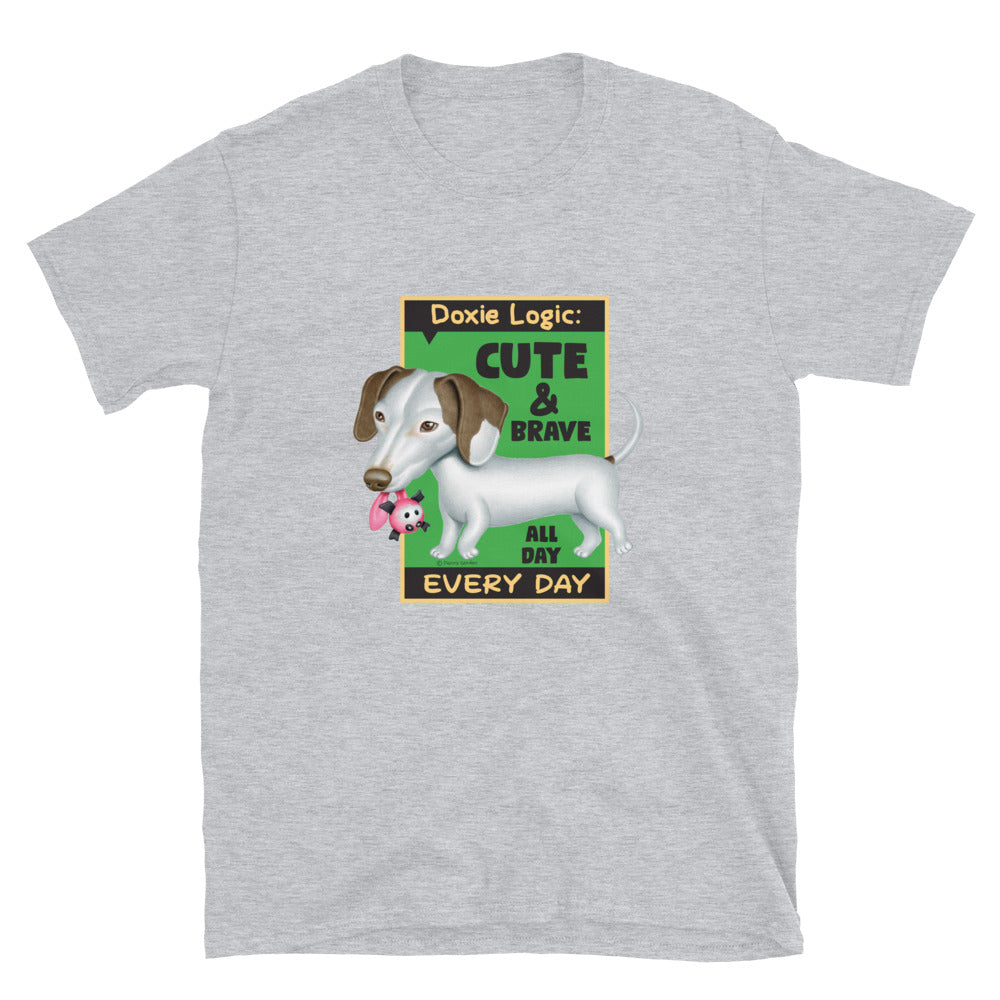 Funny looking Doxie Dog with a chew toy on a Dachshund Logic Unisex T-Shirt