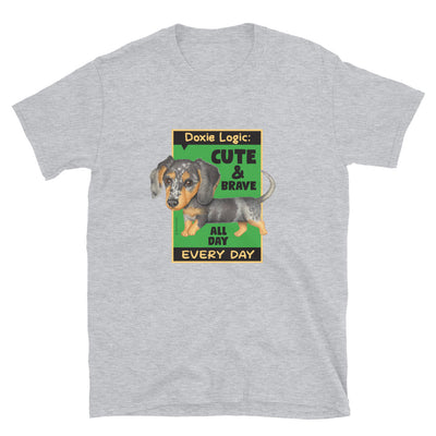 Cute and adorable Dappled Doxie Dog posing cutely on a Dachshund Logic Unisex T-Shirt