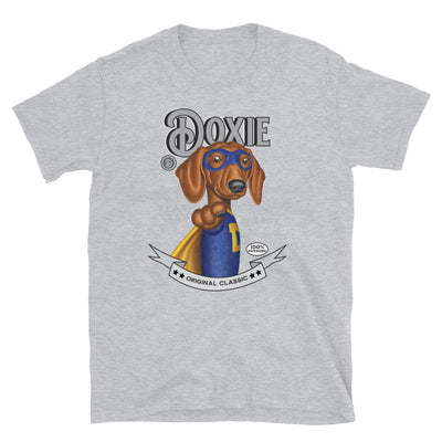 Classic Doxie Dog pose with a superhero mask on a Funny Vintage Dachshund Unisex T-Shirt