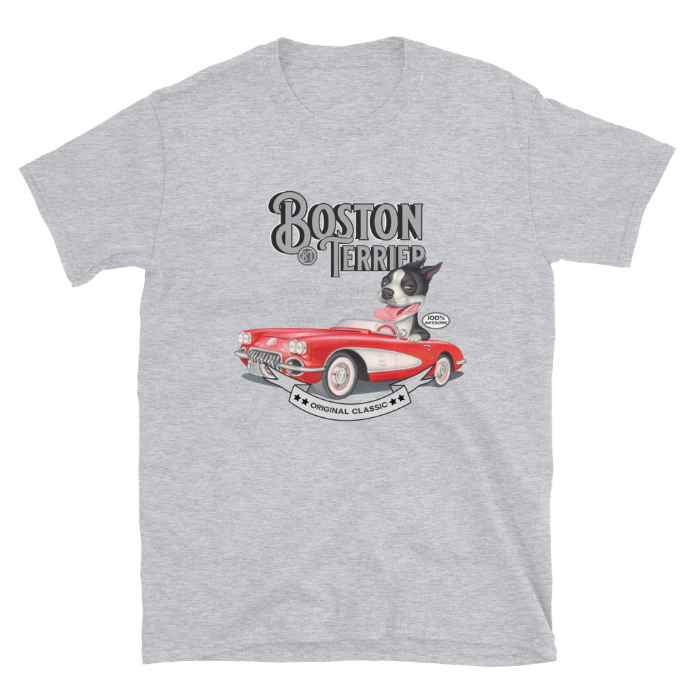 Classic car with boston terrier on a Vintage Boston Terrier Unisex T-Shirt tee