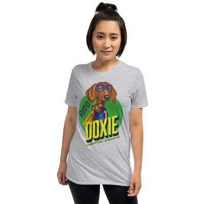 Funny and Cute Doxie dog as a Super Dachshund on a  Unisex T-Shirt