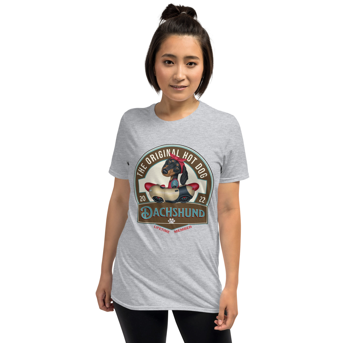 Cute and famous doxie dog driving a retro classic car for shopping on an Original Hot Dog Dachshund Unisex T-Shirt