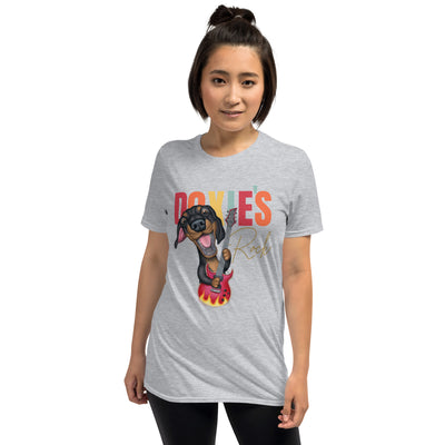 Classic Dachshund dog with a guitar plays for famous rock band on a Doxie's Rock Unisex T-Shirt