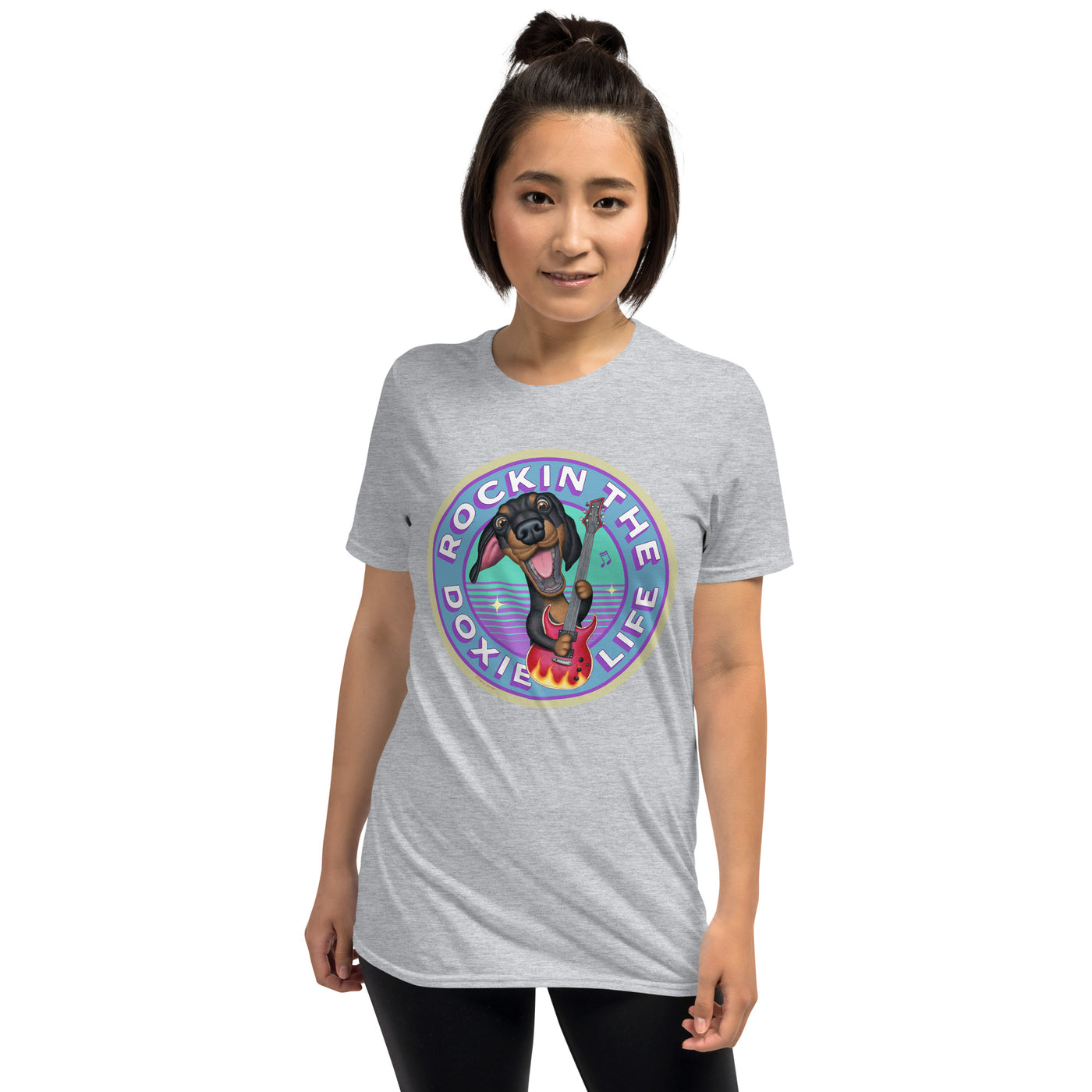 Cute and colorful doxie dog with retro guitar on a Rockin The Doxie Life Unisex T-Shirt