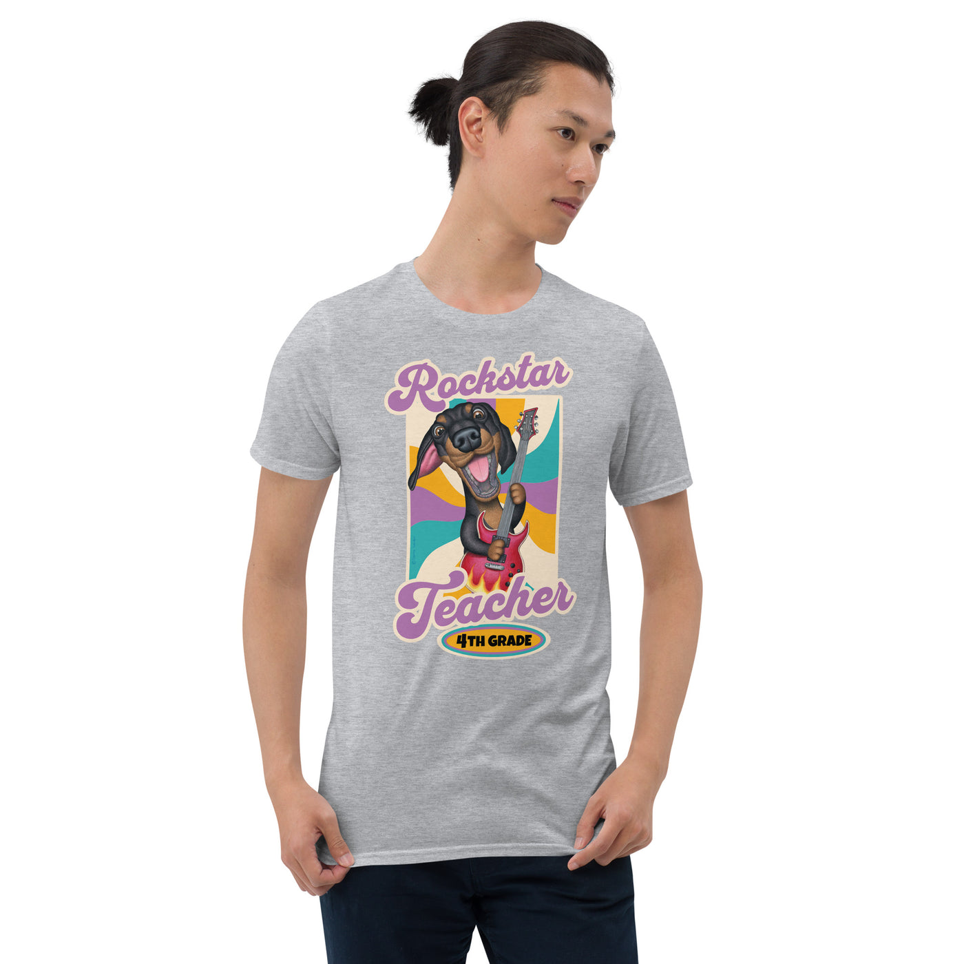 Classroom teacher tee with doxie dog rocking on a funny cute Rockstar Teacher 4th Grade Unisex T-Shirt