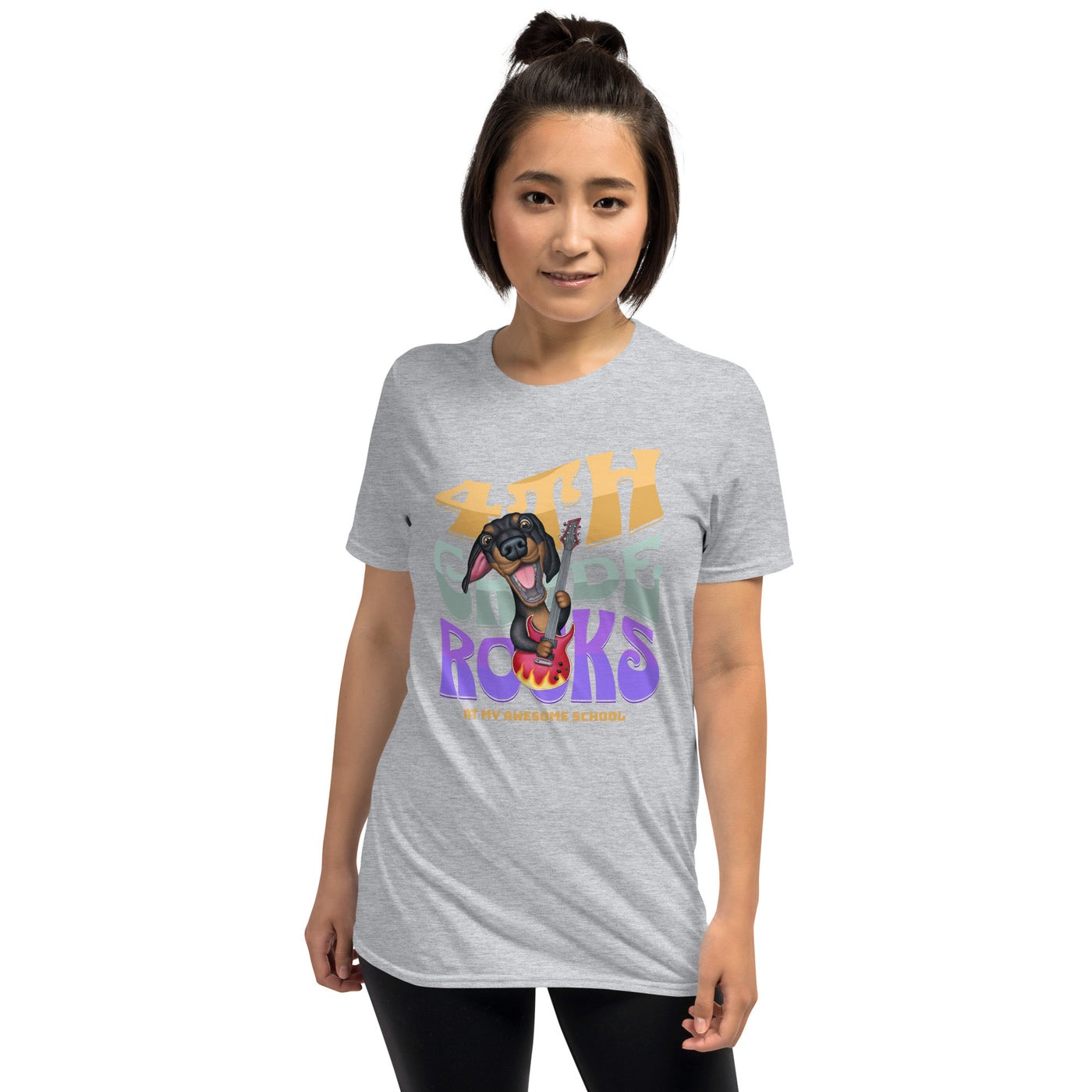 Cute 4th grade teacher tee with doxie dog on 4th Grade Rocks Unisex T-Shirt