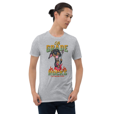 Cute 5th grade teacher rocks with doxie dog & guitar on unisex t shirt