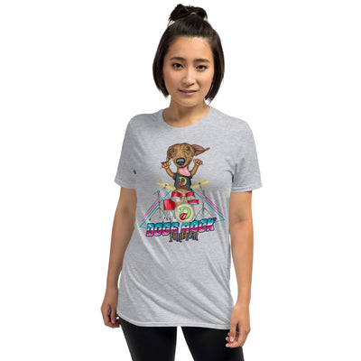Drummer Doxie Dachshund plays for a famous rock band on a Dogs Rock Furever Unisex T-Shirt