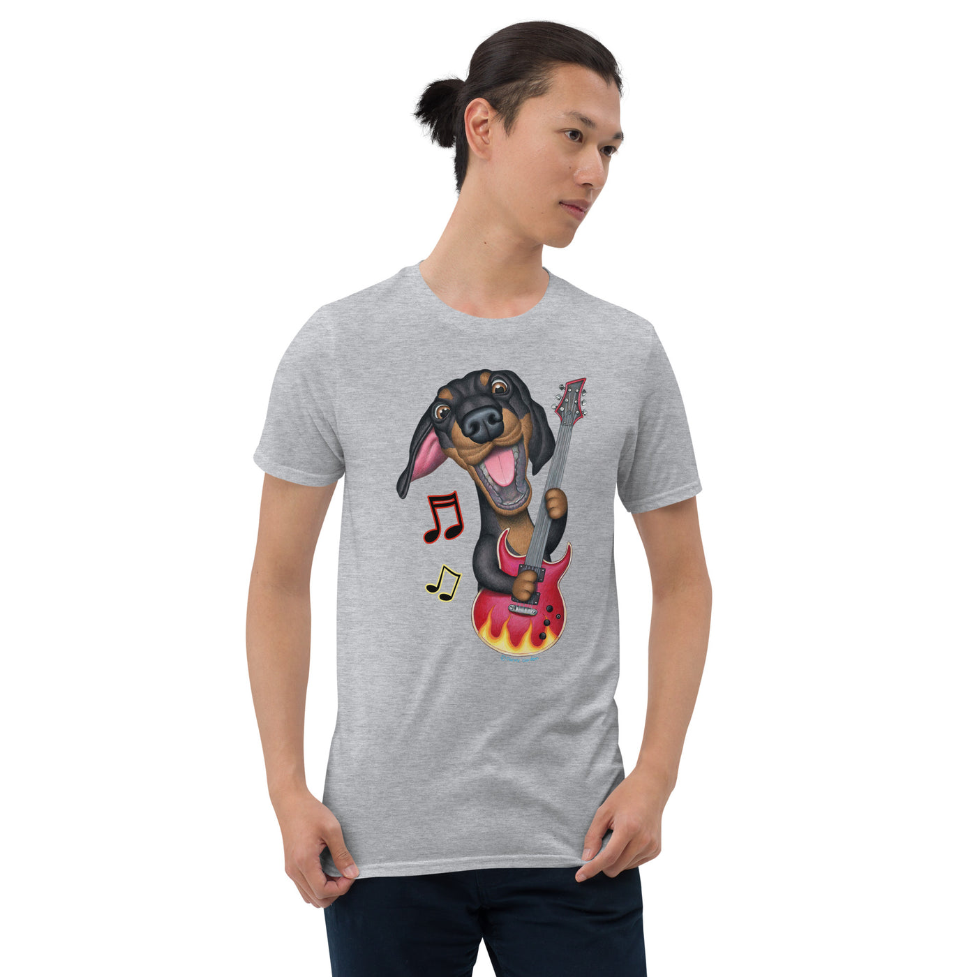 Funny Doxie dog playing guitar on Dachshund Rockin Out Unisex T-Shirt tee