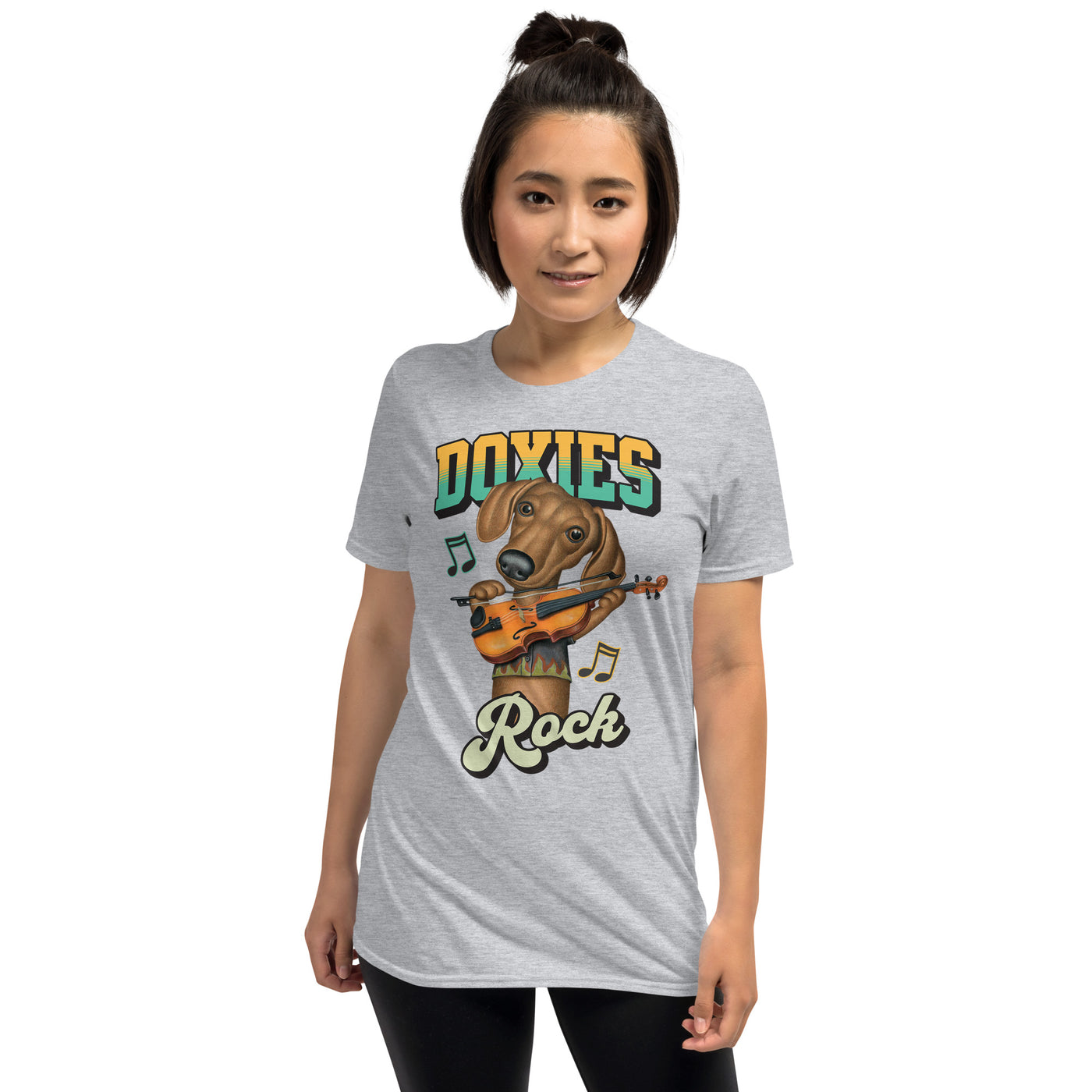 Cute Dachshund with violin playing on Doxies Rock Unisex T-Shirt
