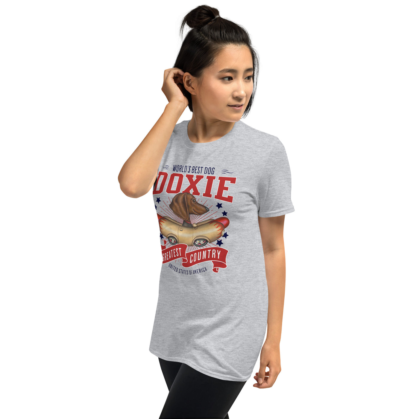 Cute Doxie Dog in a classic wienermobile with red white and blue on a  Dachshund Hotdog Car USA Unisex T-Shirt