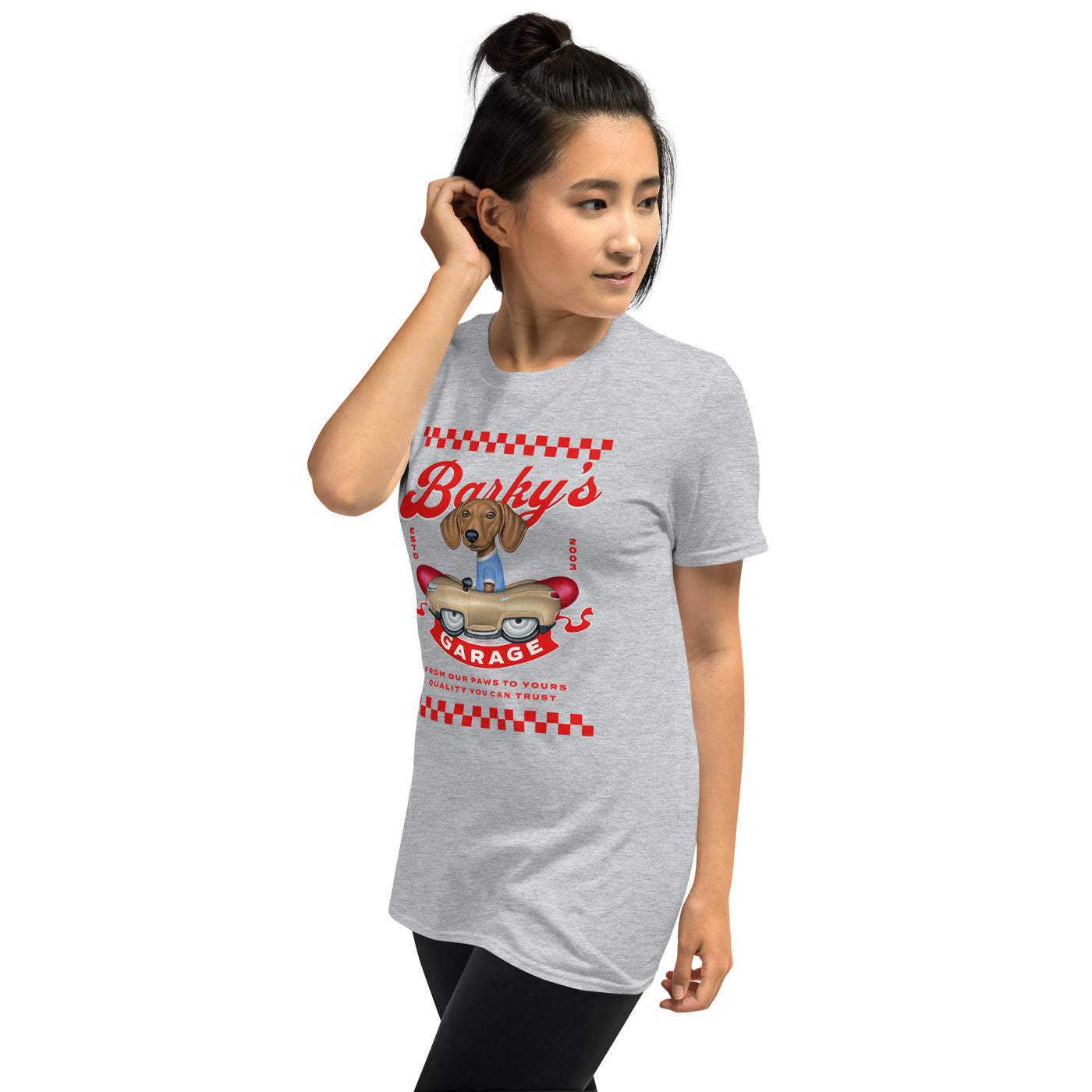 Cute Doxie Dog driving a classic car on a Barky's Garage Unisex T-Shirt