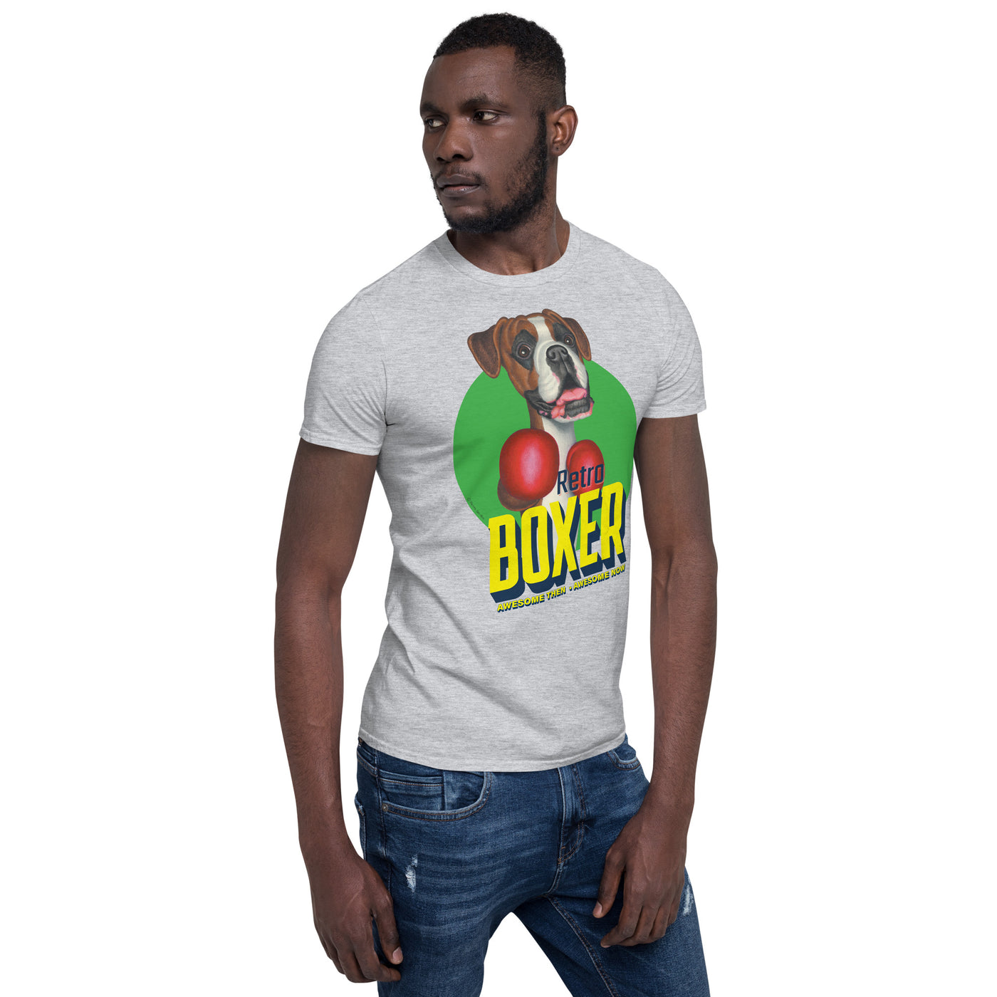 Fun and cute Boxer dog with boxing gloves on a Retro Boxer Dog Unisex T-Shirt