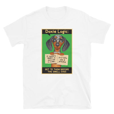 Funny dappled Doxie Dog with cute saying on a Dachshund Logic Unisex T-Shirt
