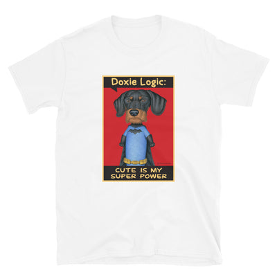 Funny Bat Doxie Dog with a cute pose for a picture on a Dachshund Logic Unisex T-Shirt