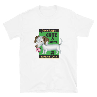 Funny looking Doxie Dog with a chew toy on a Dachshund Logic Unisex T-Shirt