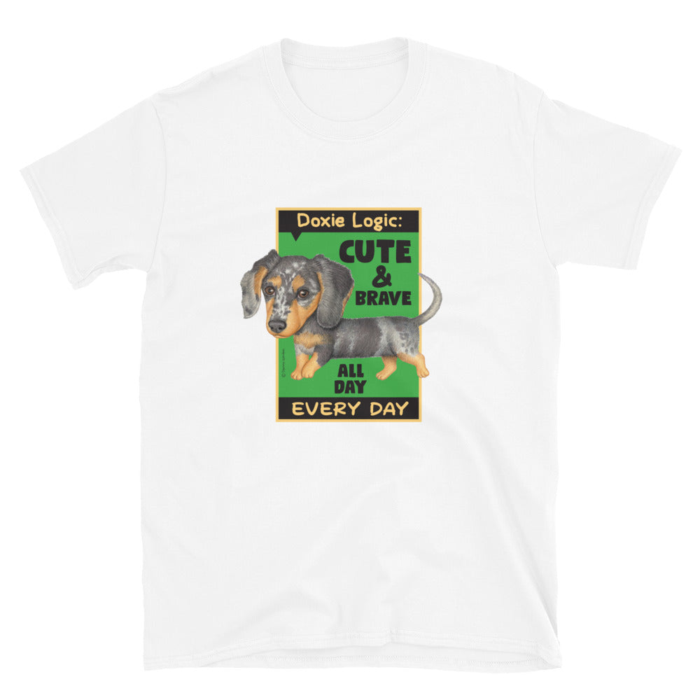 Cute Dapple Doxie Dog posing on Dachshund Logic Unisex T-Shirt