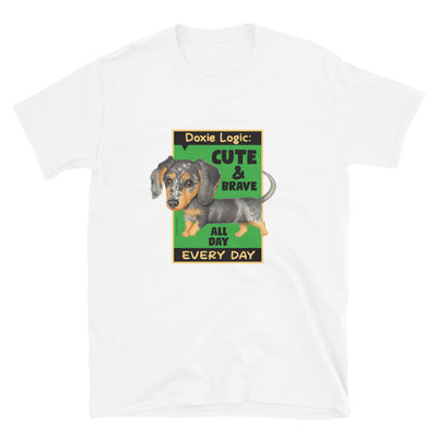 Cute and adorable Dappled Doxie Dog posing cutely on a Dachshund Logic Unisex T-Shirt