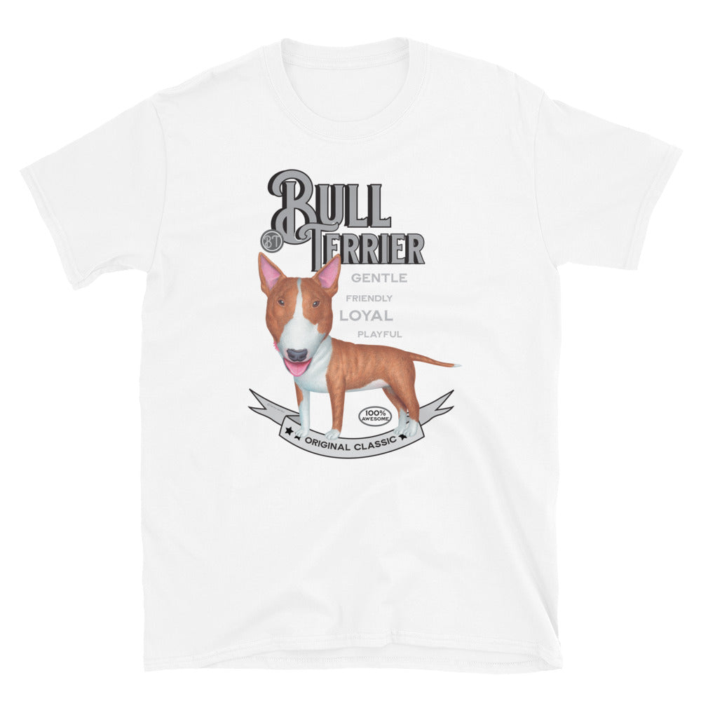 Classic Bull Terrier dog pose on a Vintage Bull Terrier Unisex T-Shirt tee