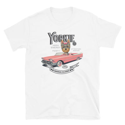 Classic pink car driven by a cute Yorkshire Terrier Dog on Vintage Yorkie Unisex T-Shirt