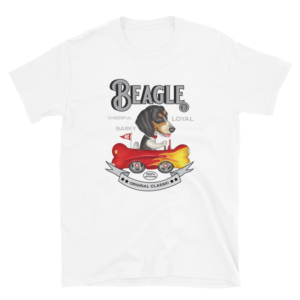 Cute and Funny Beagle Dog driving a classic and retro car on a Vintage Beagle Unisex T-Shirt