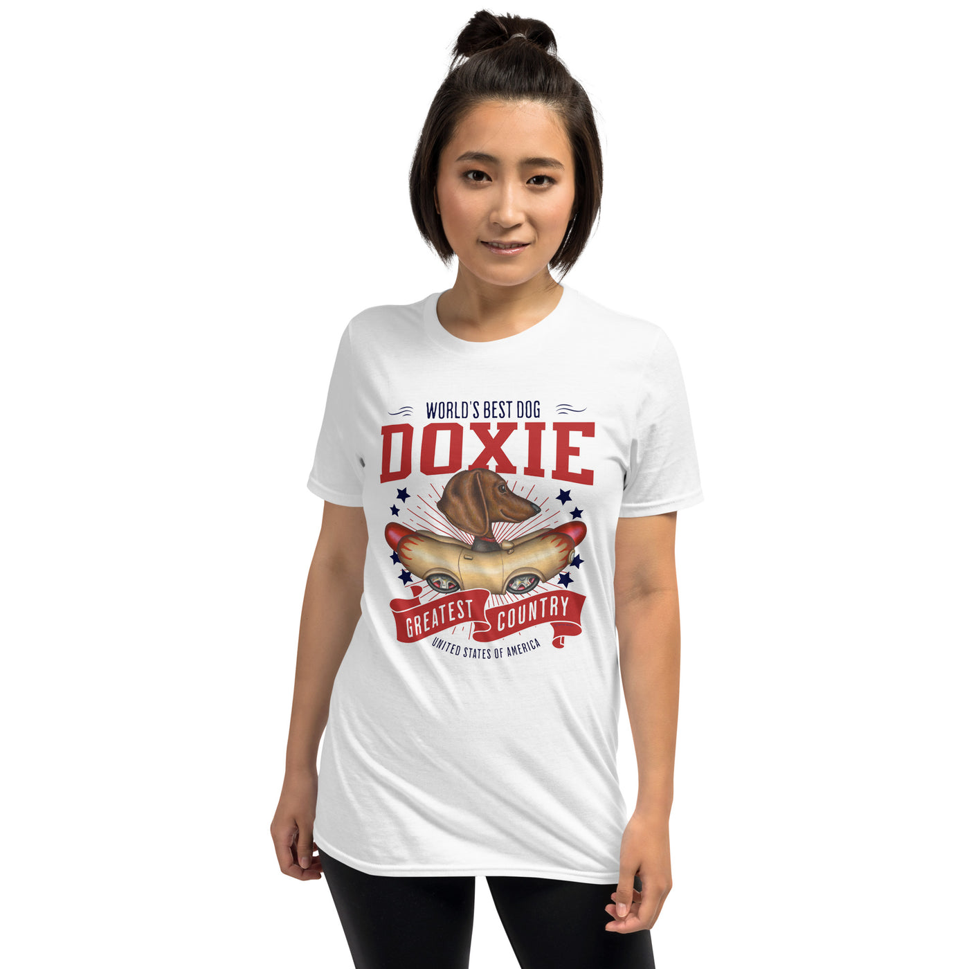 Cute Doxie Dog in a classic wienermobile with red white and blue on a  Dachshund Hotdog Car USA Unisex T-Shirt