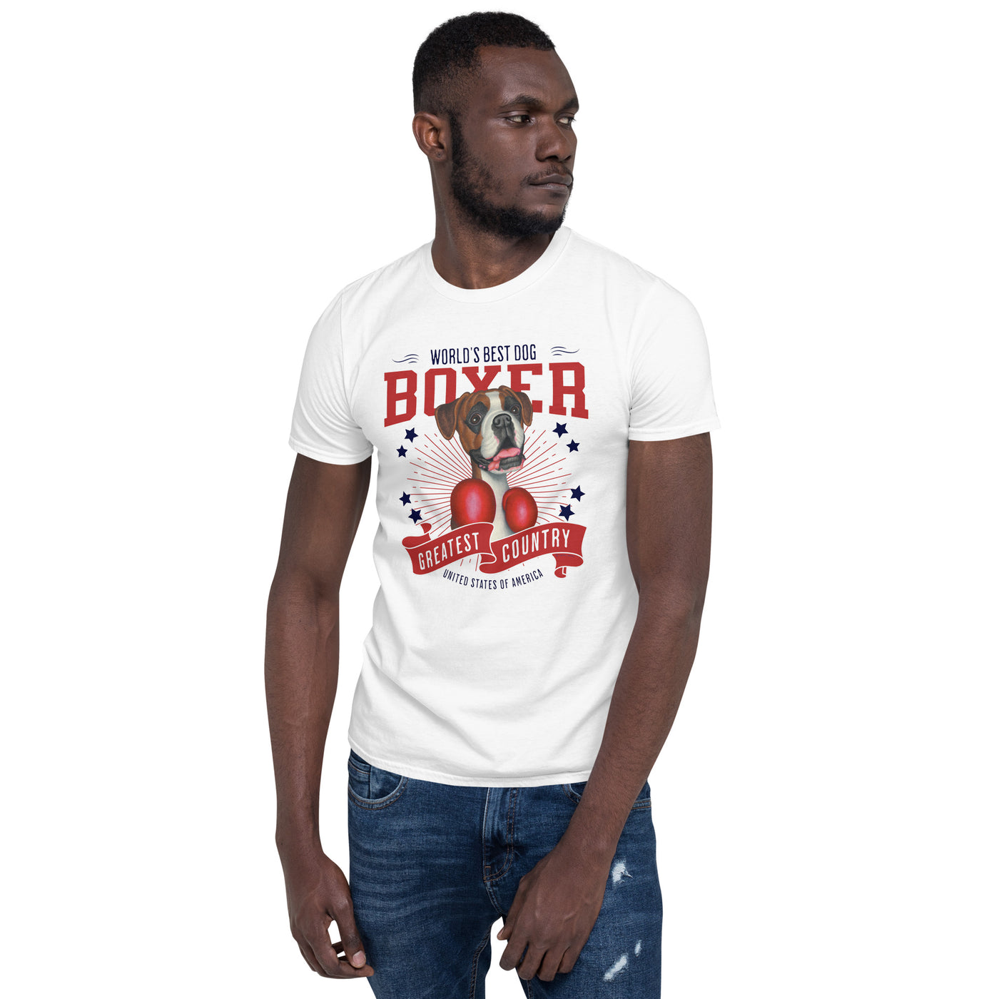 Cute Boxer Dog with boxing gloves on a Boxer Dog USA Unisex T-Shirt