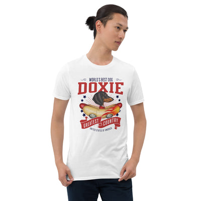 Funny Doxie dog with red white and blue on a Dachshund classic Hotdog car USA Unisex T-Shirt