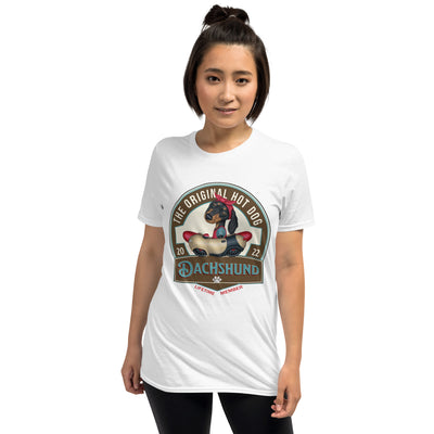 Cute and famous doxie dog driving a retro classic car for shopping on an Original Hot Dog Dachshund Unisex T-Shirt