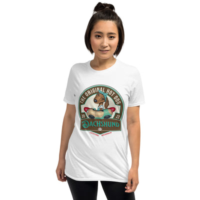 famous and cute Doxie dog driving a retro car for shopping on an Original Hot Dog Dachshund Unisex T-Shirt