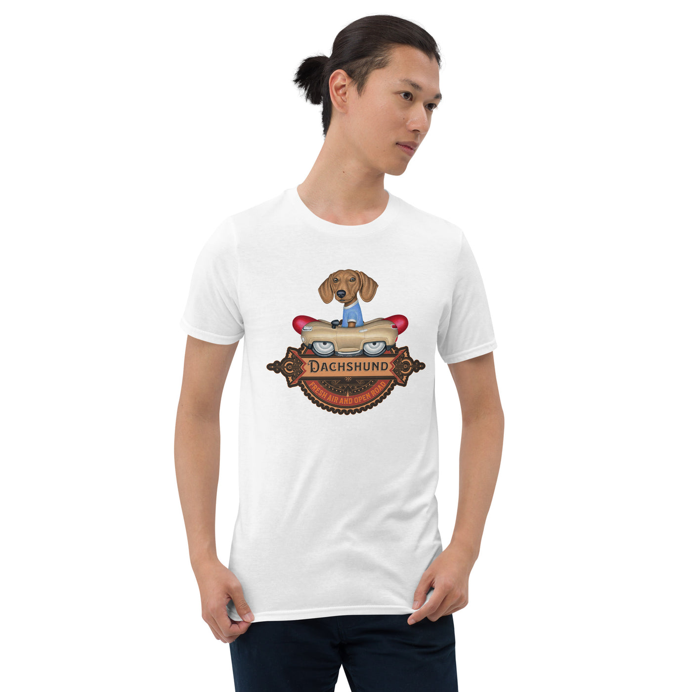 Doxie in a funny classic car on a cute Dachshund Open Road Unisex T-Shirt tee