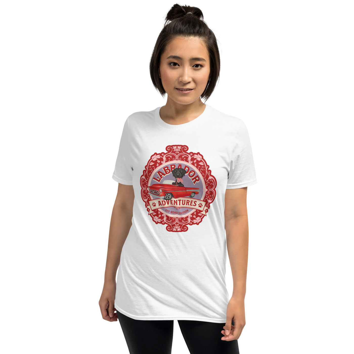 Funny black lab dog in a classic truck on a Labrador Retriever Adventures Unisex T-Shirt