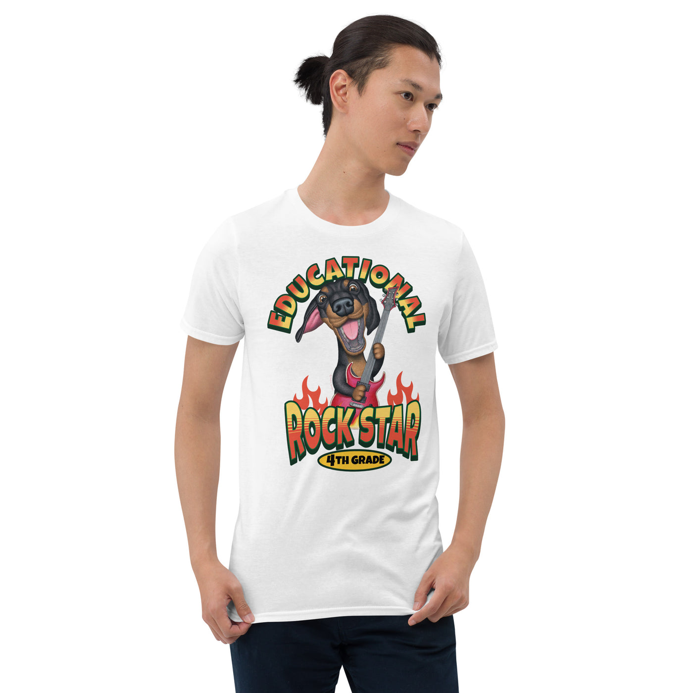 Cute funny teacher tee with doxie dog playing guitar for a cool class on Educational Rockstar Teacher Unisex T-Shirt