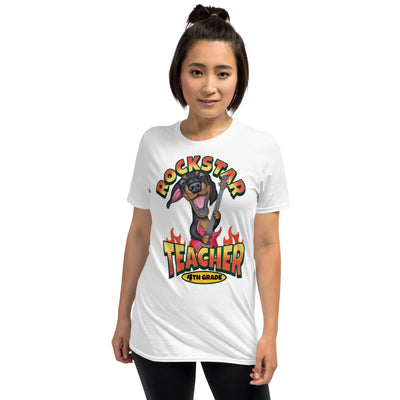 funny cute tee with doxie dog and guitar on 4th Grade Rockstar Teacher Unisex T-Shirt