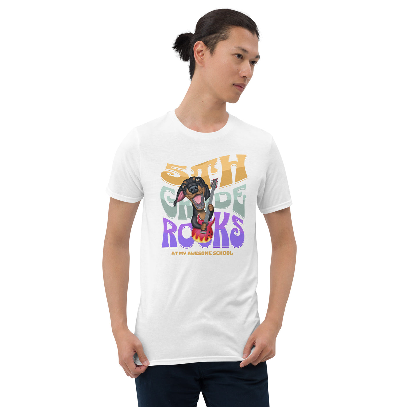 Cute 5th grade Teacher with doxie dog & guitar on 5th Grade Rocks Unisex T-Shirt