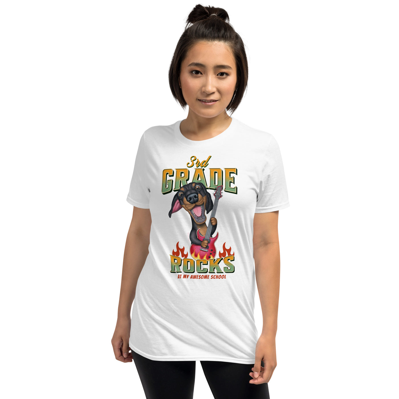 Cute teacher tee with doxie dog rocking with guitar on 3rd Grade Rocks Unisex T-Shirt