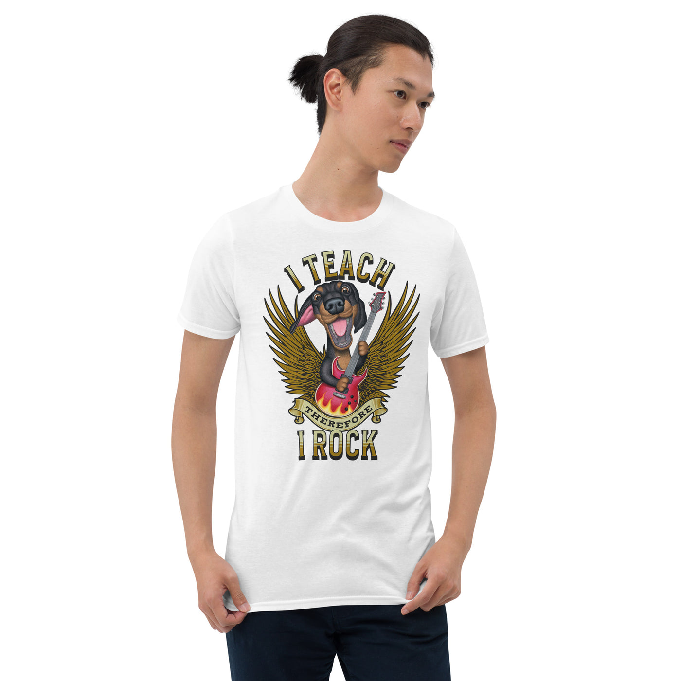 Cute Teacher tee with doxie dog and wings on I Teach Therefore I Rock Unisex T-Shirt