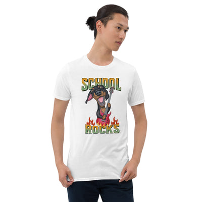 Cute doxie dog with guitar on School Rocks Unisex T-Shirt