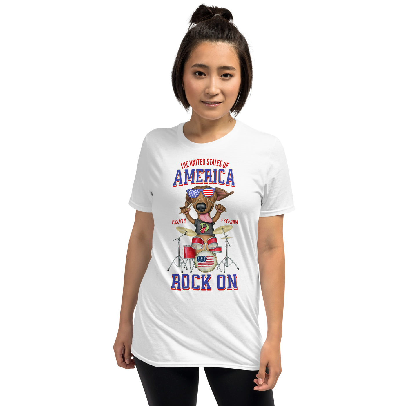 Funny Doxie Dog on a red white and blue cute USA Rock On Unisex T-Shirt