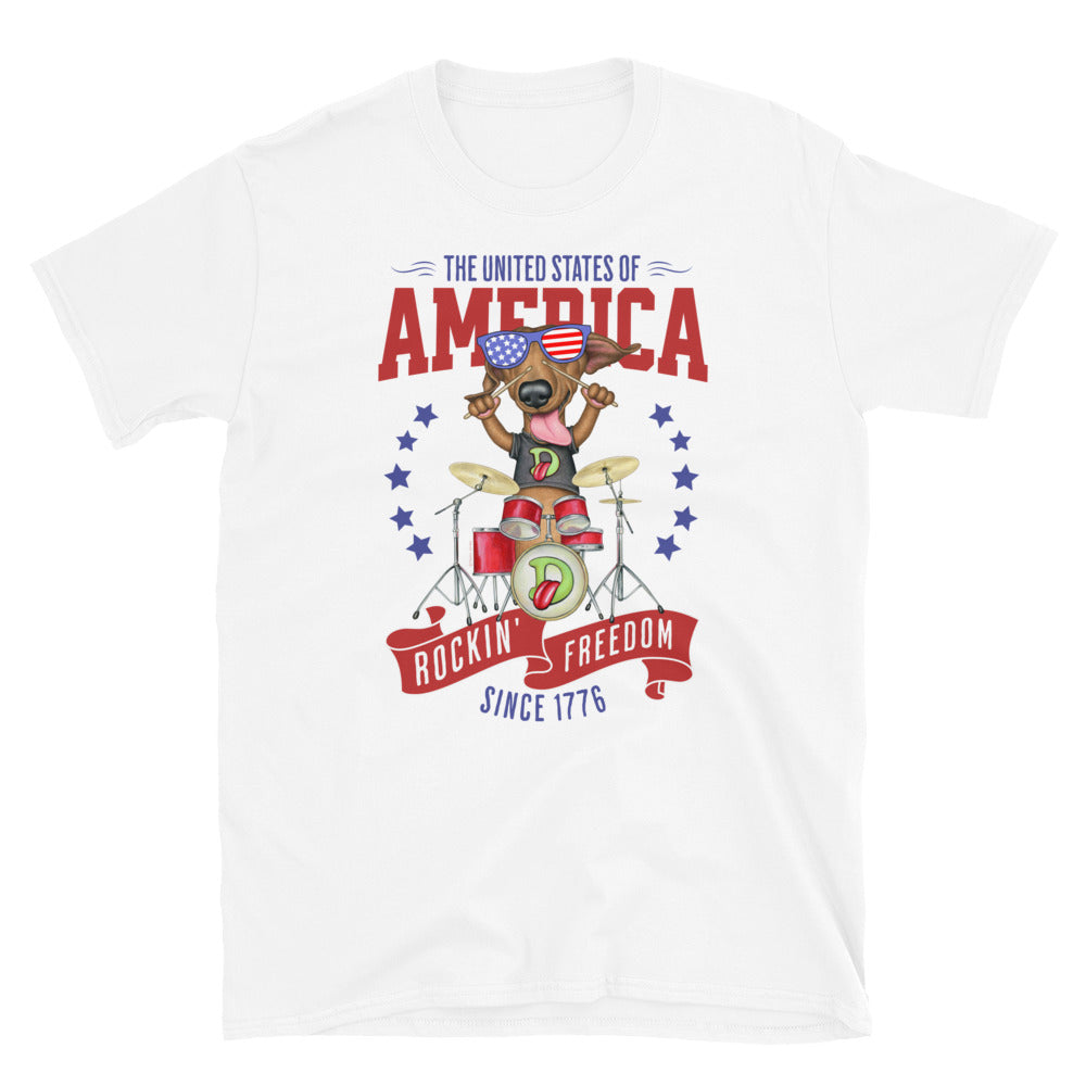 Doxie dog rocking the red white and blue on Rockin Freedom Unisex T-Shirt