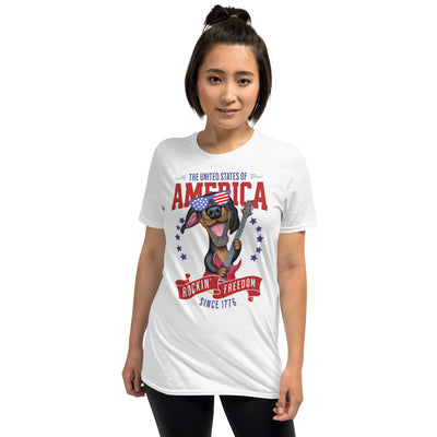 Red white and blue for this doxie dog as he rocks on a Rockin Freedom Since 1776 Unisex T-Shirt