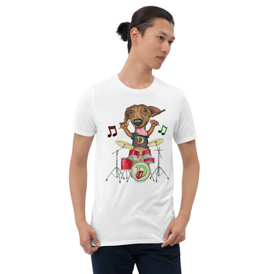Cute Doxie Dog with a funny Dachshund Drummer Rockin Out  Unisex T-Shirt