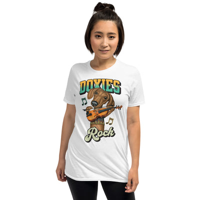 Cute Musical Dachshund with a violin playing best rock music on a Doxies Rock Unisex T-Shirt